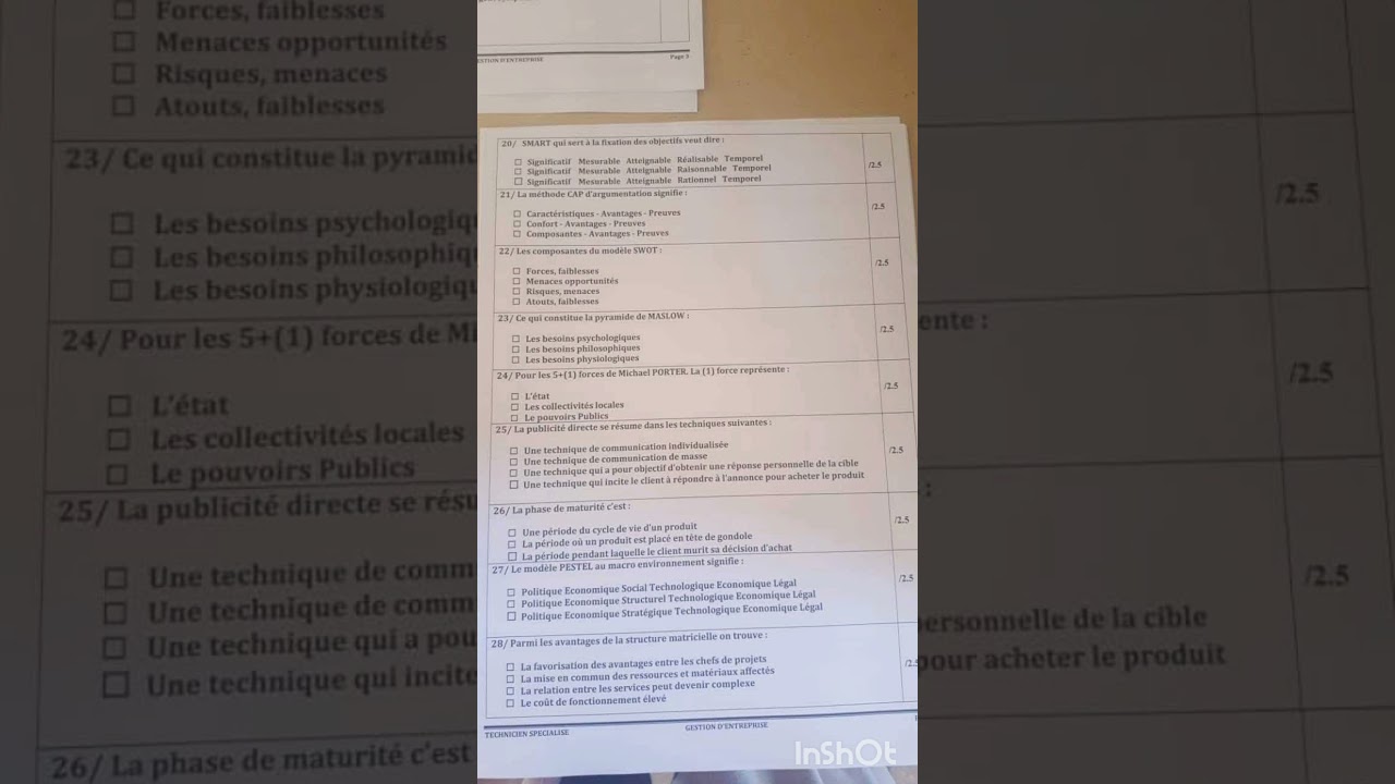 Exemple du Concours L'ONEE Poste: Technicien Spécialisé en Gestion d'entreprise