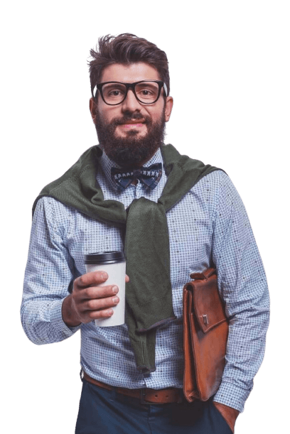 Homme barbu avec café et porte-documents.